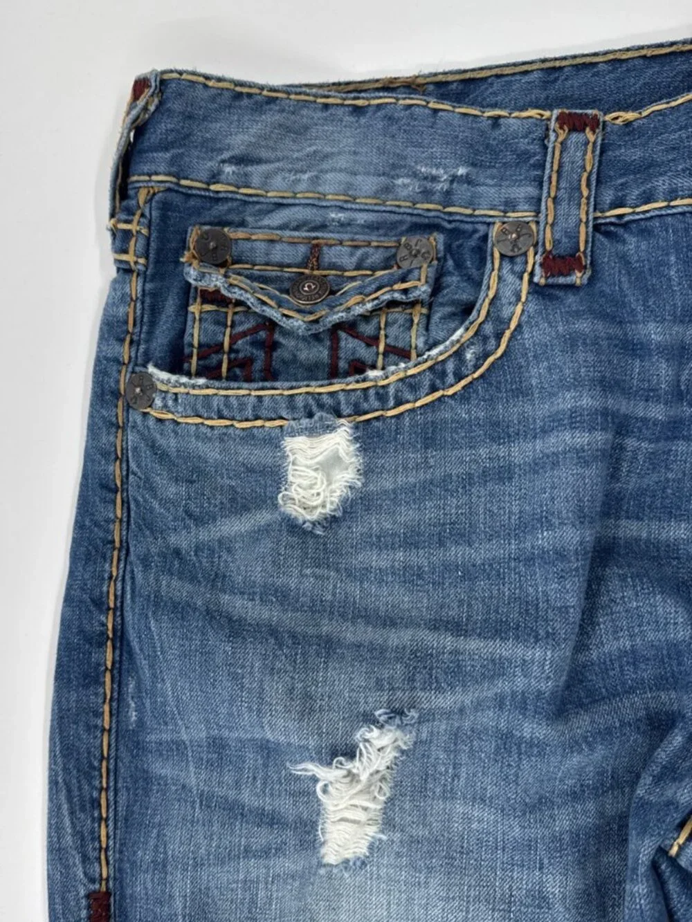 True Religion Ricky Jeans Mens 39x34 Relaxed Straight Flap Pocket Thick Stitch